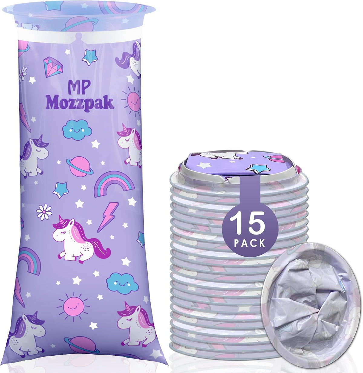 MP MOZZPAK Unicorn Kids Vomit Bags Disposable 15 Pack - Emesis Bags, Leak-Proof Barf Bag, Motion Sickness Relief for Children, Travel Friendly Puke Bag, Throw up Solution for Car, Plane, & Road Trips
