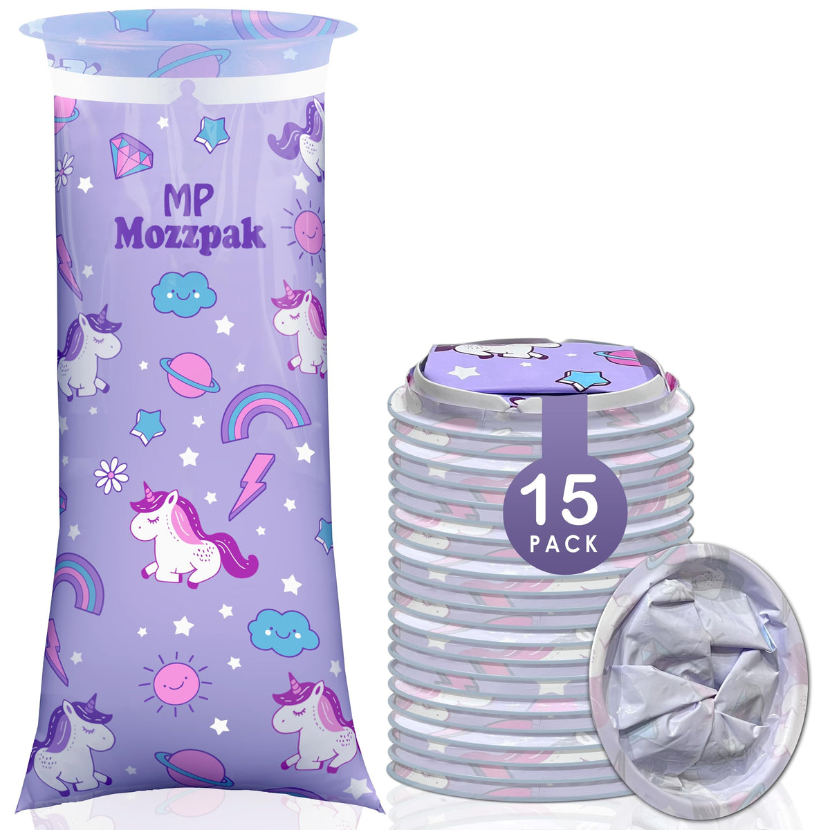 MP MOZZPAK Unicorn Kids Vomit Bags Disposable 15 Pack - Emesis Bags, Leak-Proof Barf Bag, Motion Sickness Relief for Children, Travel Friendly Puke Bag, Throw up Solution for Car, Plane, & Road Trips