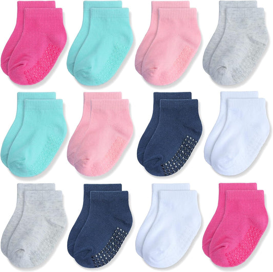 Baby Non-Slip Ankle Socks 12 Pack Soft Cotton for Infant Toddlers Girl Boy