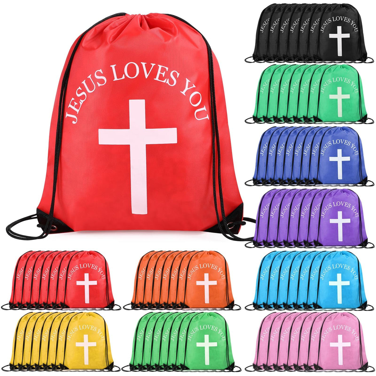 20 Pcs Large Jesus Loves You Drawstring Bags Bulk Multicolor