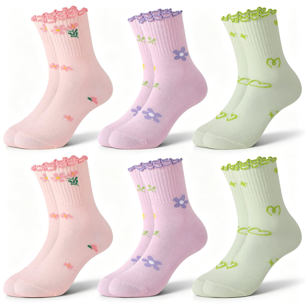 6 Pairs Girls Ruffle Crew Socks Cute Cotton Frilly Socks