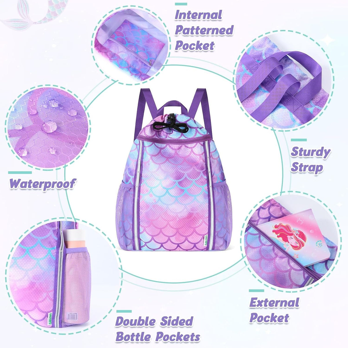 WAWSAM Mermaid Drawstring Backpack for Kids Girls with Two Bottle Pockets