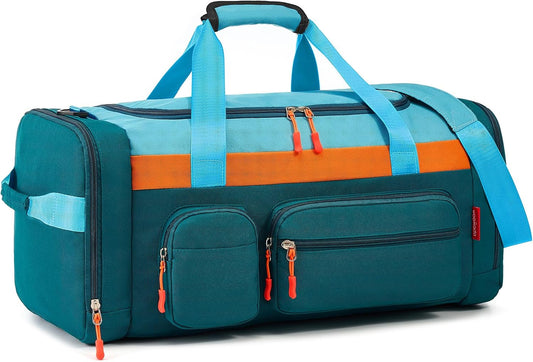 WOOMADA Kids Duffle Bag for Boys or Girls,Weekender Overnight Bag with Shoe Compartment & Wet Pocket Perfect For School, Sports, Overnight Trips(Teal Blue)