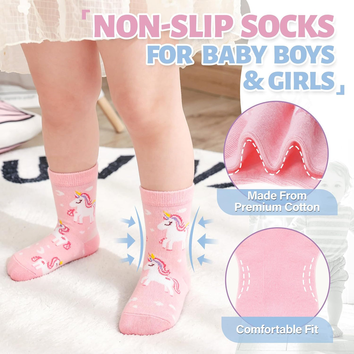 ANTSANG Baby Girls Toddlers Grips Socks, Kids Unicorn Crew Cotton Socks