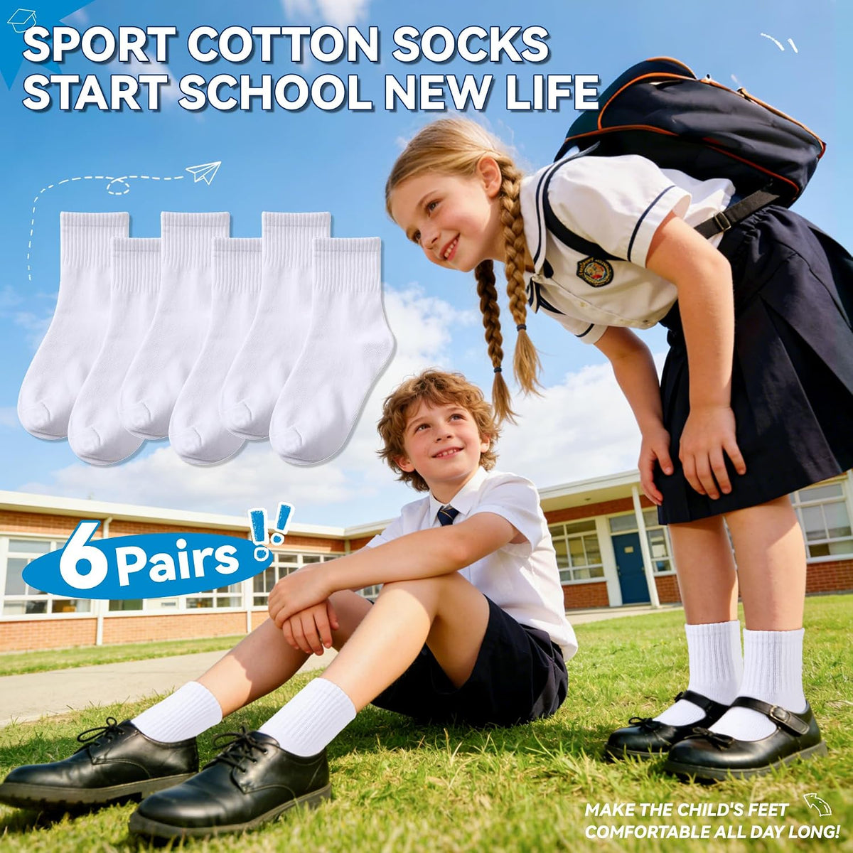 Eyean Kids Athletic Crew Socks Boys Girls Cotton School Uniform Casual Basic Socks 6 Pairs