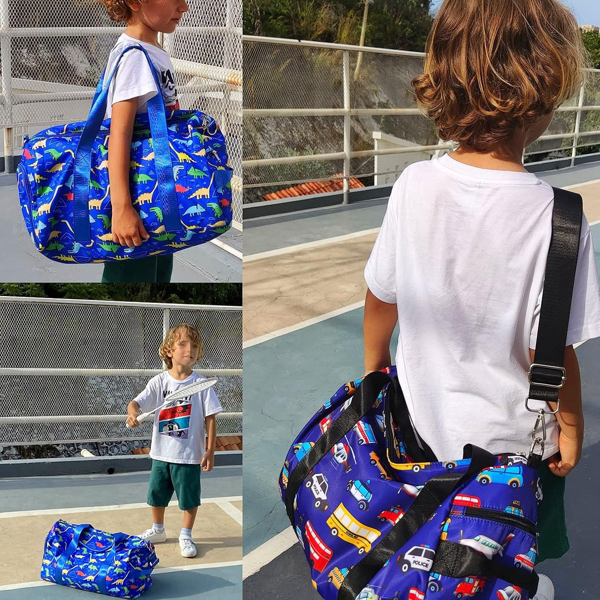 CAMTOP Kids Duffel Overnight Bag Boys Girls Toddler Weekender Carry-On Personalized Tote for Travel Gym Sport (A-Blue Dinosaur)
