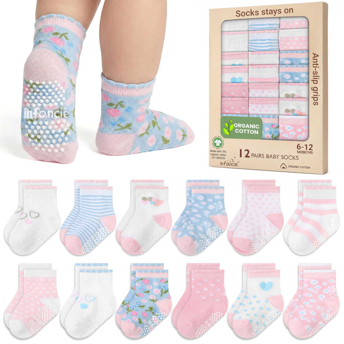 GOTS Organic Cotton Blend 12 Pairs Baby Newborn Socks 0-6 M Girl Non Slip
