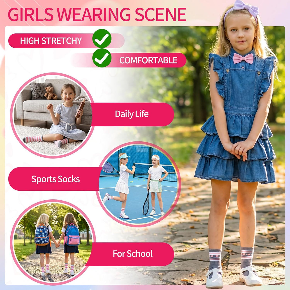 9 Pcs Girls Crew Socks, Cotton Striped Heart Kids Athletic Socks