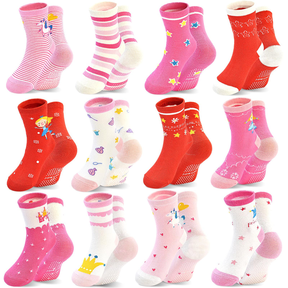 HYCLES 12 Pairs Toddler Socks, Non-Slip Cartoon Crew Grip Socks, 0-7 Years