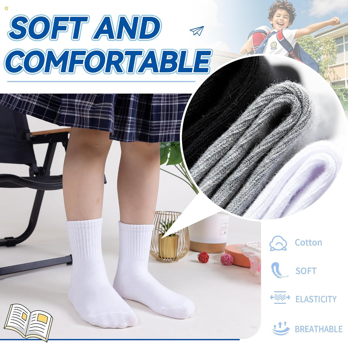 Eyean Kids Athletic Crew Socks Boys Girls Cotton School Uniform Casual Basic Socks 6 Pairs