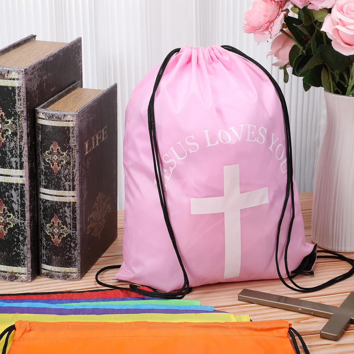 20 Pcs Large Jesus Loves You Drawstring Bags Bulk Multicolor