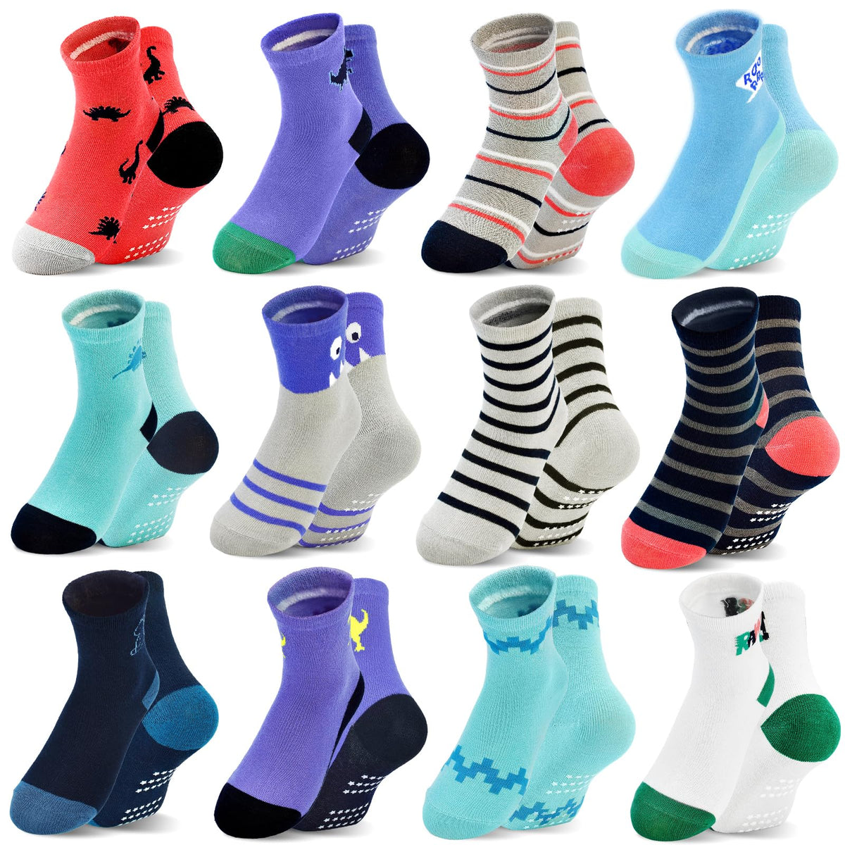 HYCLES 12 Pairs Toddler Socks, Non-Slip Cartoon Crew Grip Socks, 0-7 Years