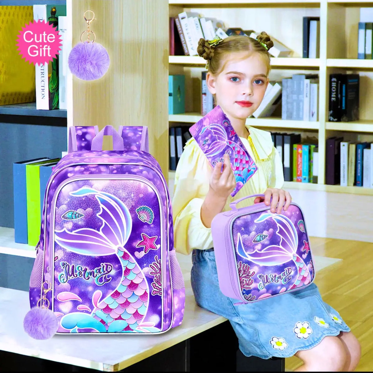 3Pcs Mermaid Backpack for Girls, 16" Kids Fishtail Bookbag with Lunch Box, Cute School Backpack Set for Preschool Kindergarten Toddler(Rainbow), Cute Daypacks