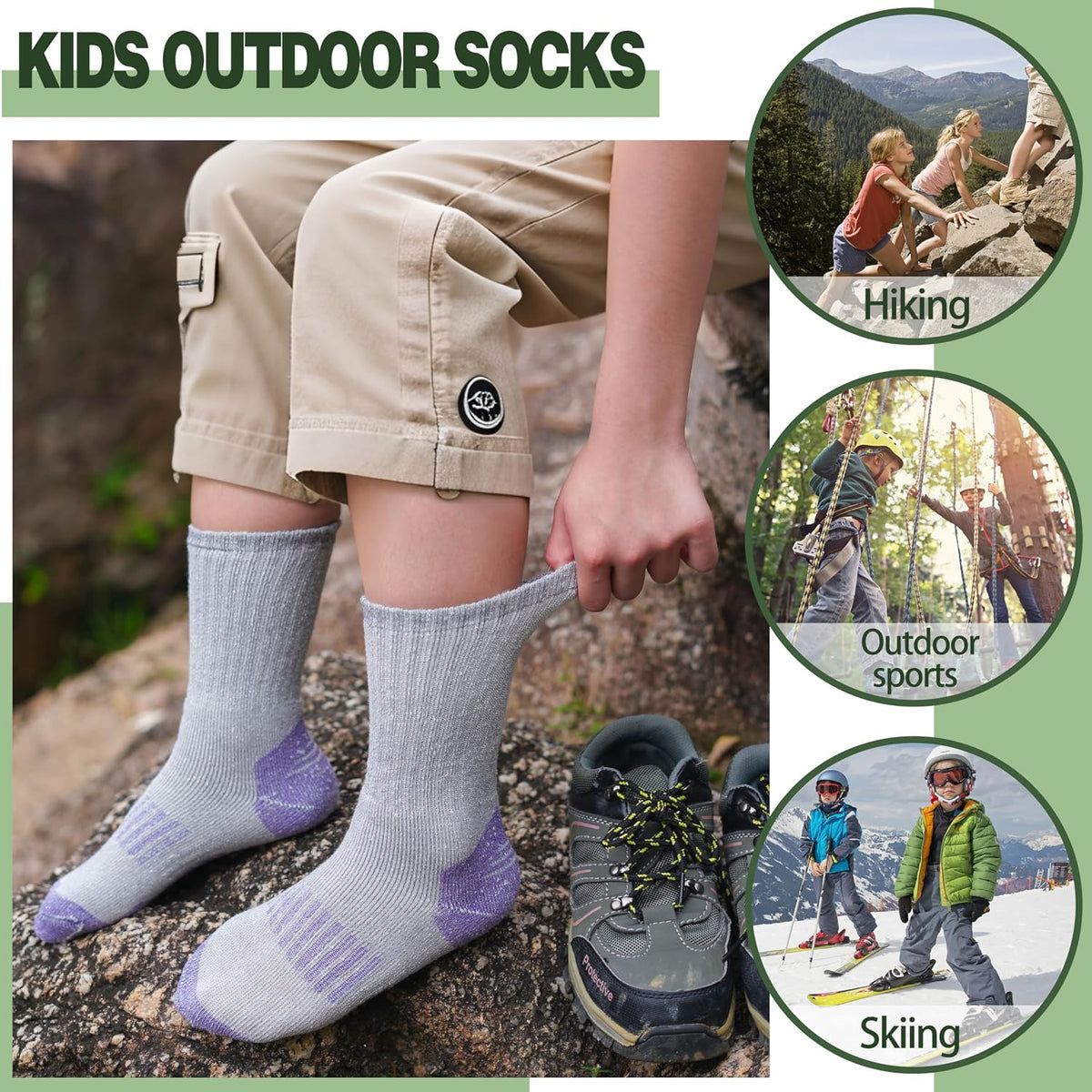 Sandsuced Kids Merino Wool Hiking Socks for Girls Boys Toddler