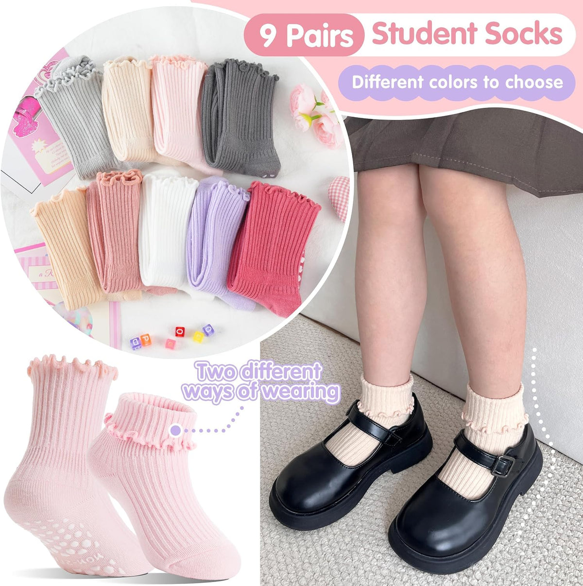Baby Girls Toddlers Ruffle Grip Socks Uniform School Dress Anti Slip Non Skid Frilly Breathable Crew Cotton Socks 9 Pairs