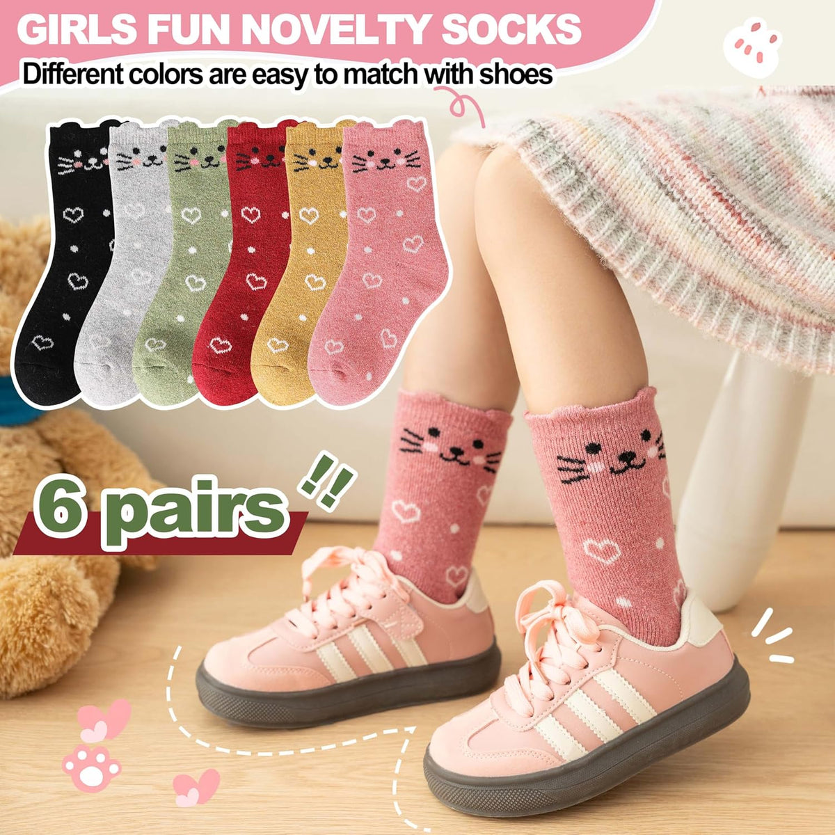 Kids Girls Toddlers Merino Wool Cat Socks Thermal Winter Warm Thick Cozy Cute Funny Crew Socks 6 Pairs