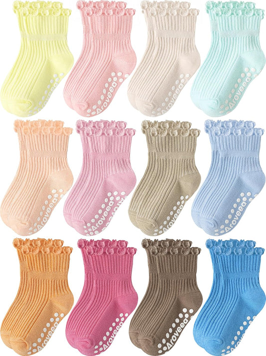 Baby Toddler Girls Socks Grip Ruffle Non Slip Kids Cotton 12 Pack Socks