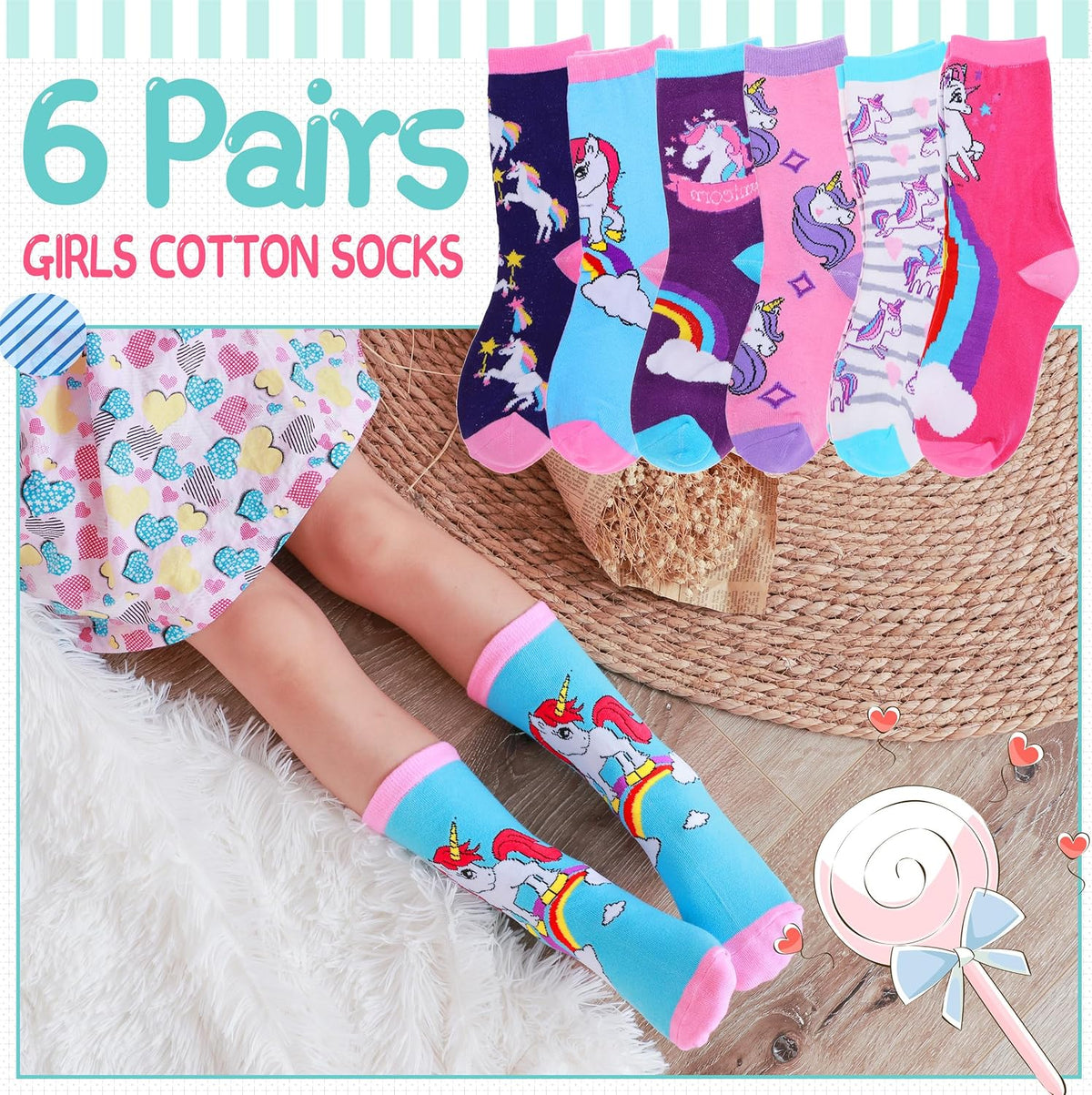 EBMORE Kids Girls Boys Socks Cotton Crew Cute Animal Pattern Fashion Fun Novelty Socks 6 Pack
