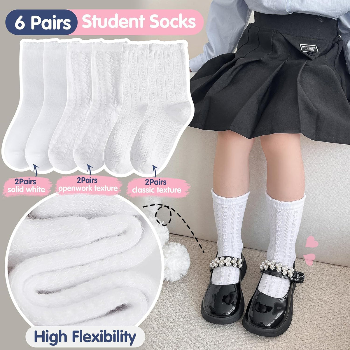 EBMORE Girls Kids Ruffle Socks Uniform School Dress Crew Cotton Textured Breathable Socks 6 Pairs