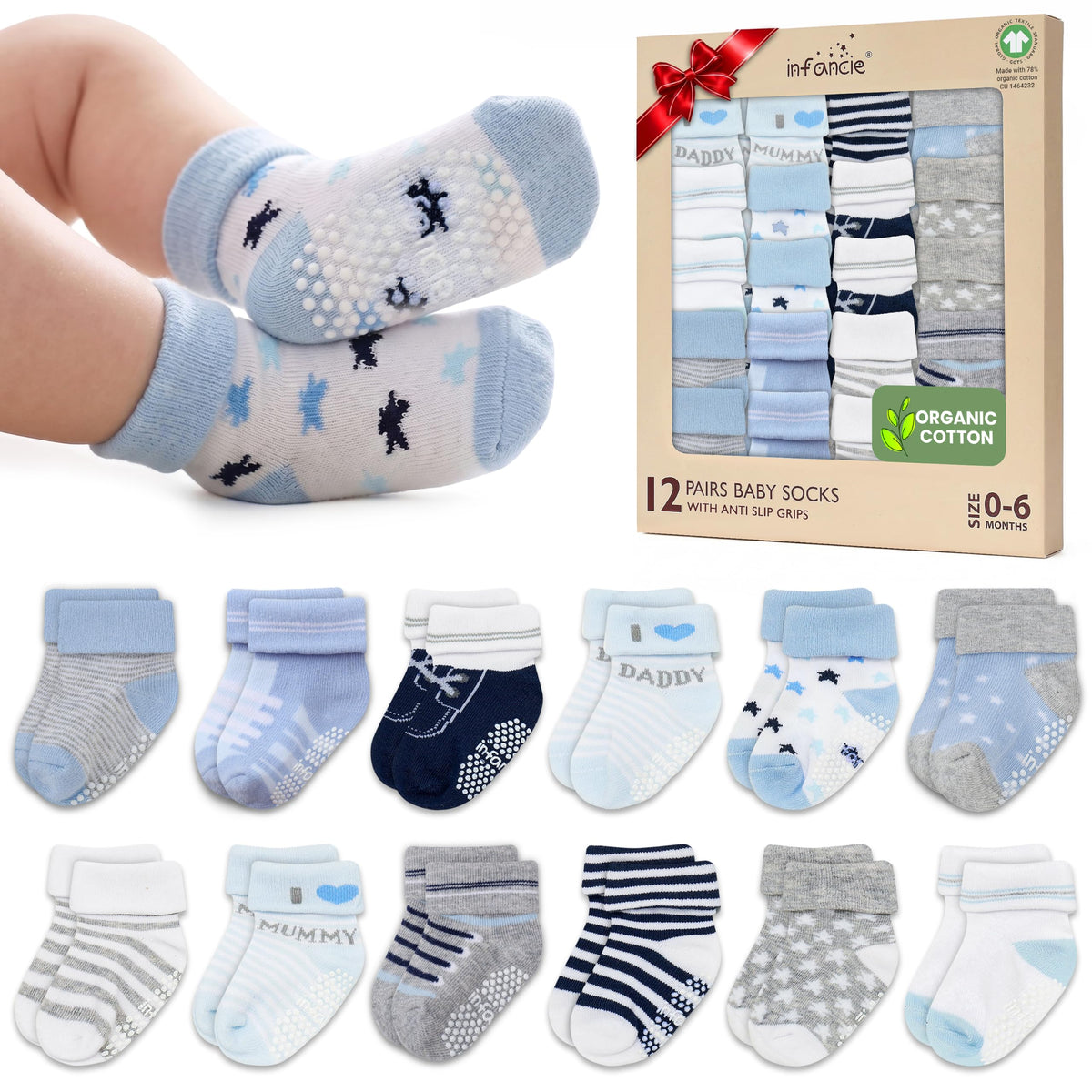 GOTS Organic Cotton Blend 12 Pairs Baby Newborn Socks 0-6 M Girl Non Slip