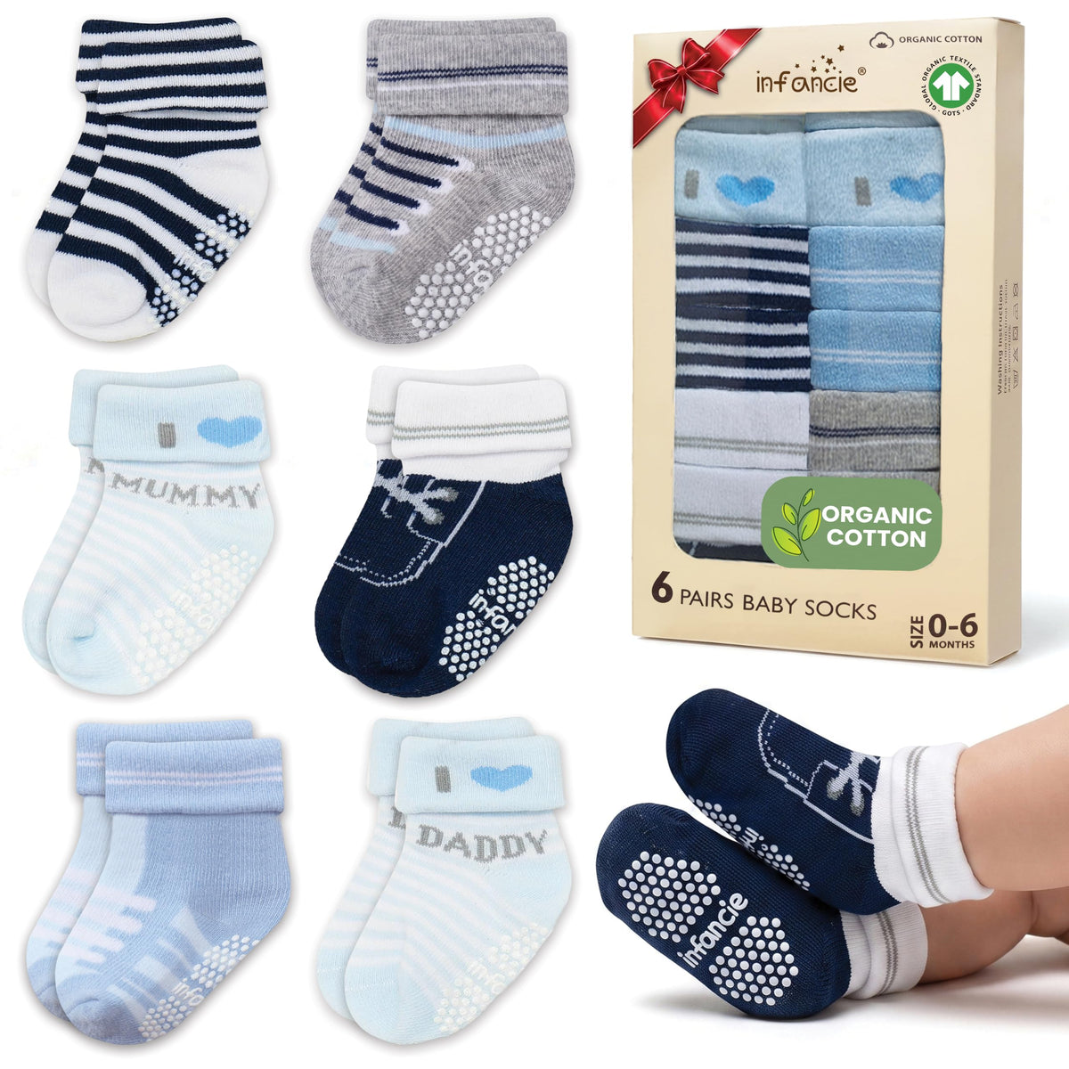 GOTS Organic Cotton Blend 12 Pairs Baby Newborn Socks 0-6 M Girl Non Slip
