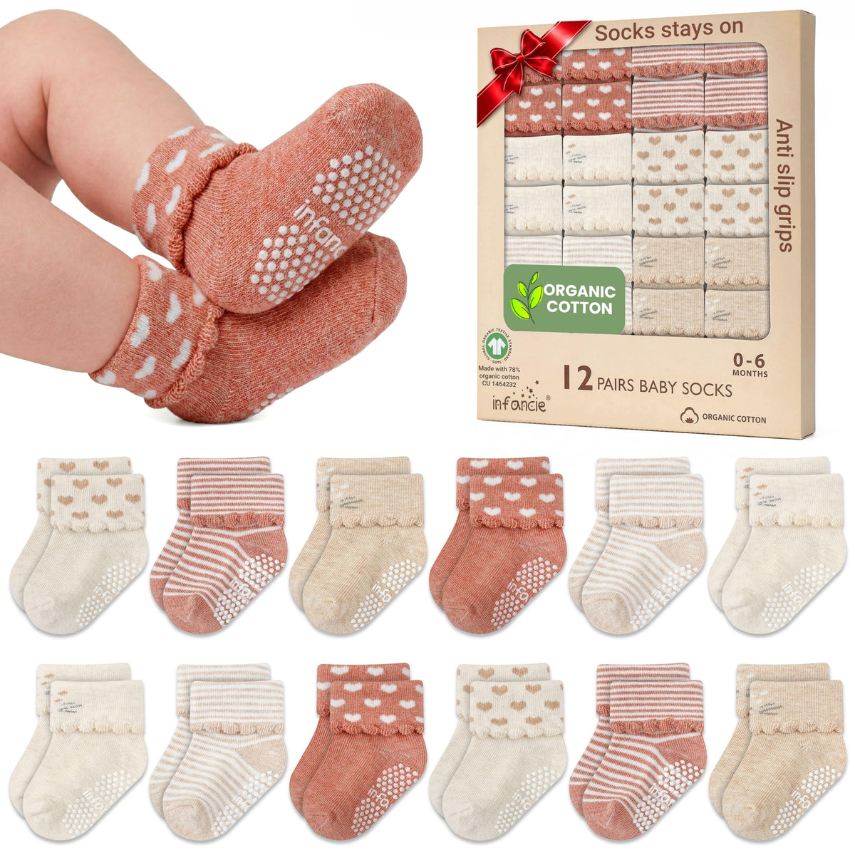 GOTS Organic Cotton Blend 12 Pairs Baby Newborn Socks 0-6 M Girl Non Slip