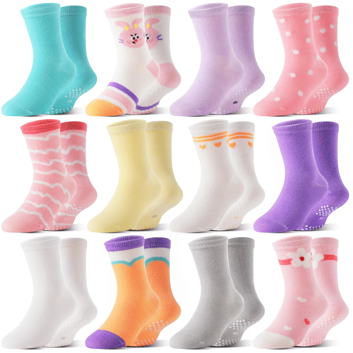 Welwoos Baby Girls Toddlers Grips Socks 12 Pairs Kids Anti Slip Non Skid Animal Funny Cartoon Crew Breathable Cotton Socks