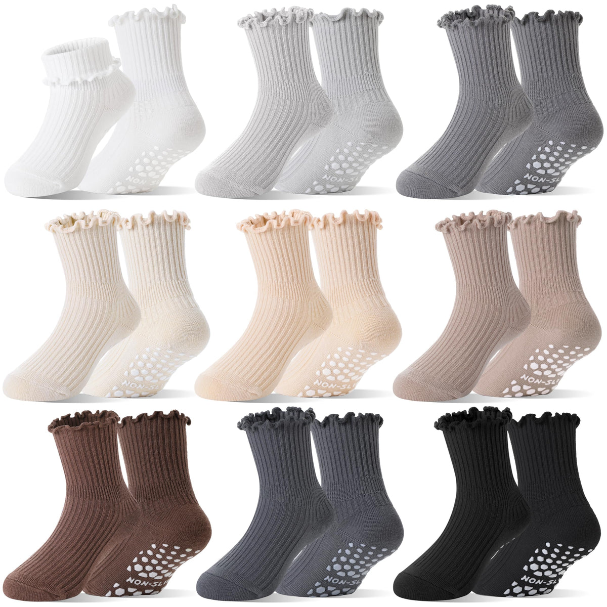 Baby Girls Toddlers Ruffle Grip Socks Uniform School Dress Anti Slip Non Skid Frilly Breathable Crew Cotton Socks 9 Pairs
