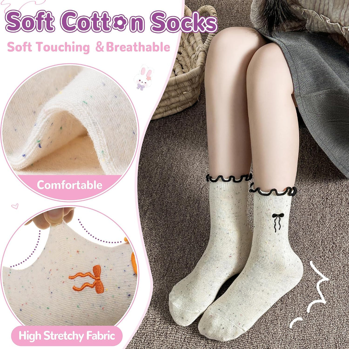 SeeyAN Girls Ruffle Socks Frilly Kids Crew Dress Cotton Soft Cute Toddler Socks 6 Pairs