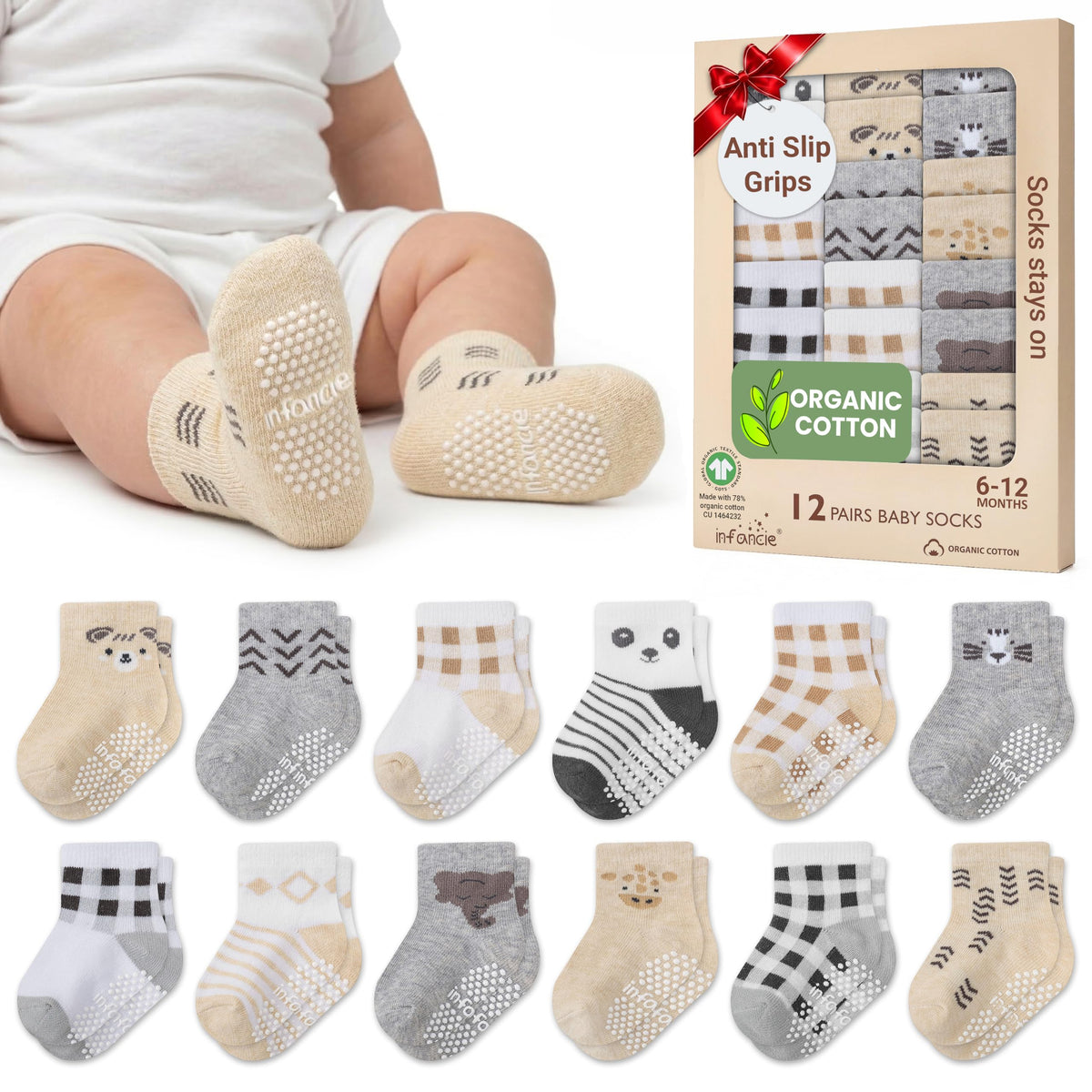 GOTS Organic Cotton Blend 12 Pairs Baby Newborn Socks 0-6 M Girl Non Slip
