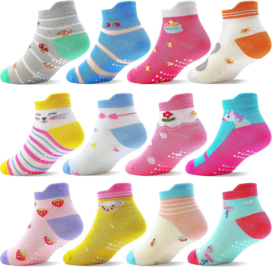 ELUTONG Toddler Socks with Grips Anti Slip Ankle Socks 12 Pairs for 1-7 Years Boys Girls Kids Infant Baby