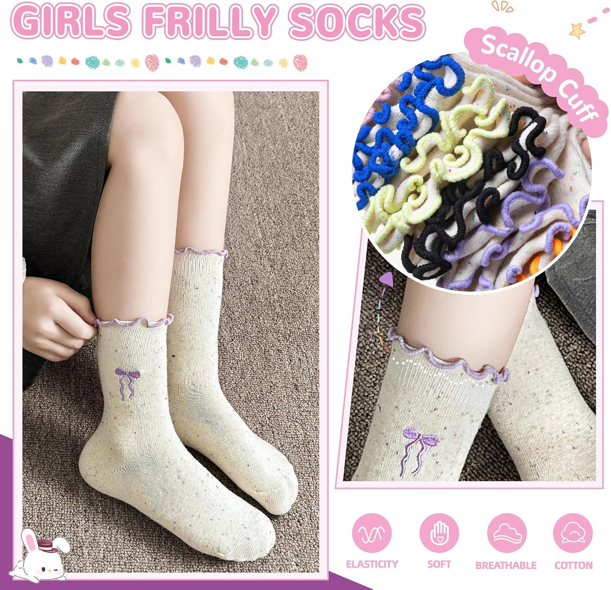 SeeyAN Girls Ruffle Socks Frilly Kids Crew Dress Cotton Soft Cute Toddler Socks 6 Pairs