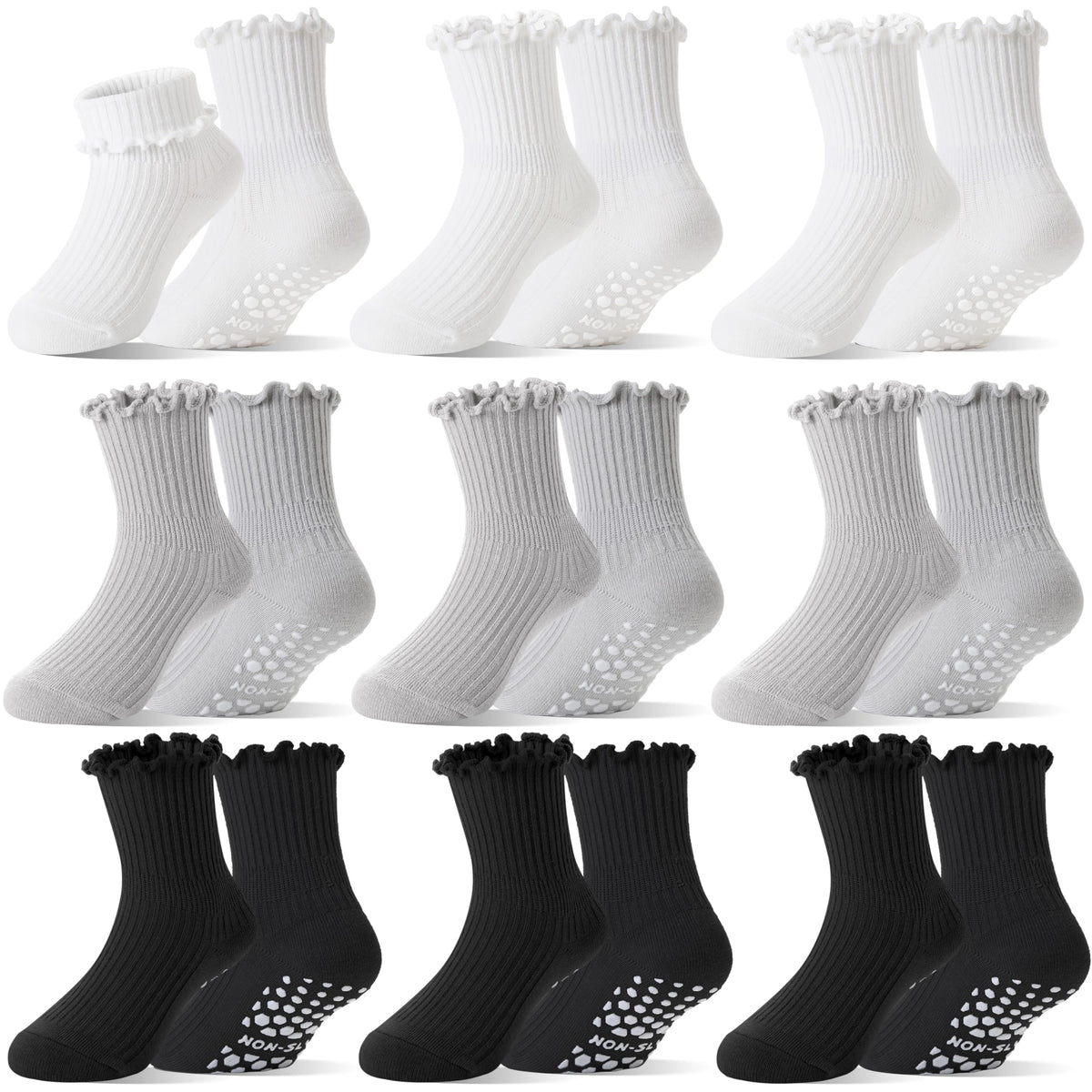 Baby Girls Toddlers Ruffle Grip Socks Uniform School Dress Anti Slip Non Skid Frilly Breathable Crew Cotton Socks 9 Pairs