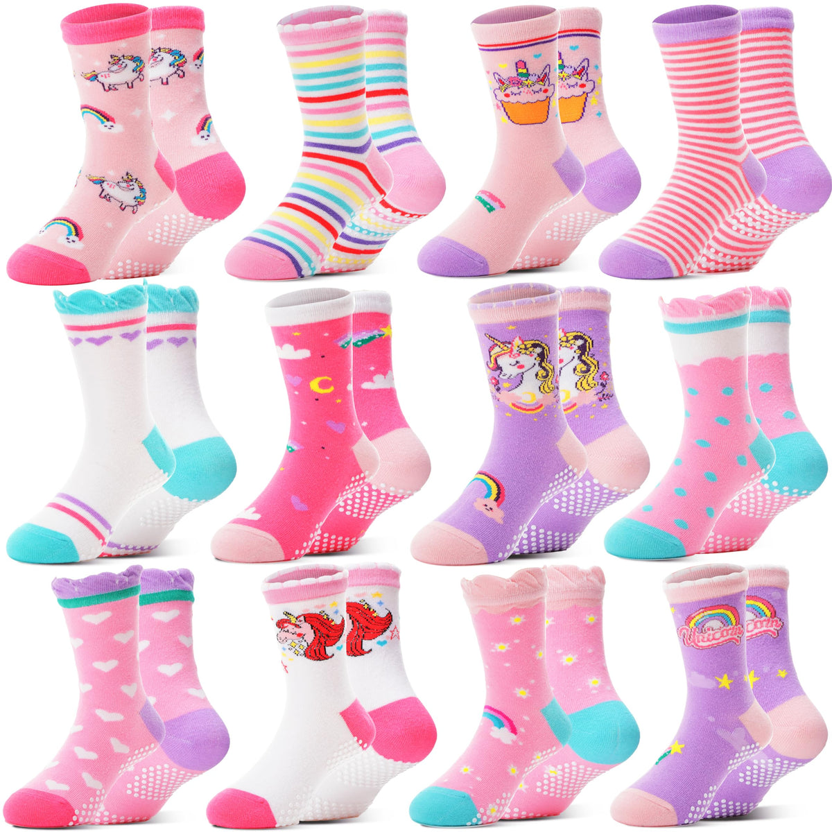 Welwoos Baby Girls Toddlers Grips Socks 12 Pairs Kids Anti Slip Non Skid Animal Funny Cartoon Crew Breathable Cotton Socks