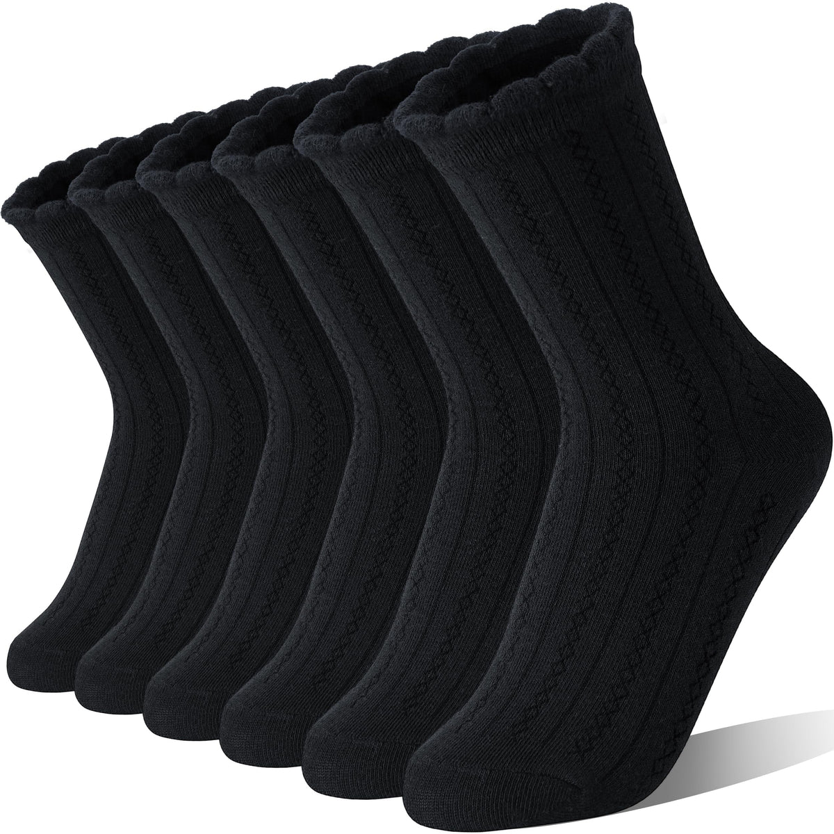 EBMORE Girls Kids Ruffle Socks Uniform School Dress Crew Cotton Textured Breathable Socks 6 Pairs