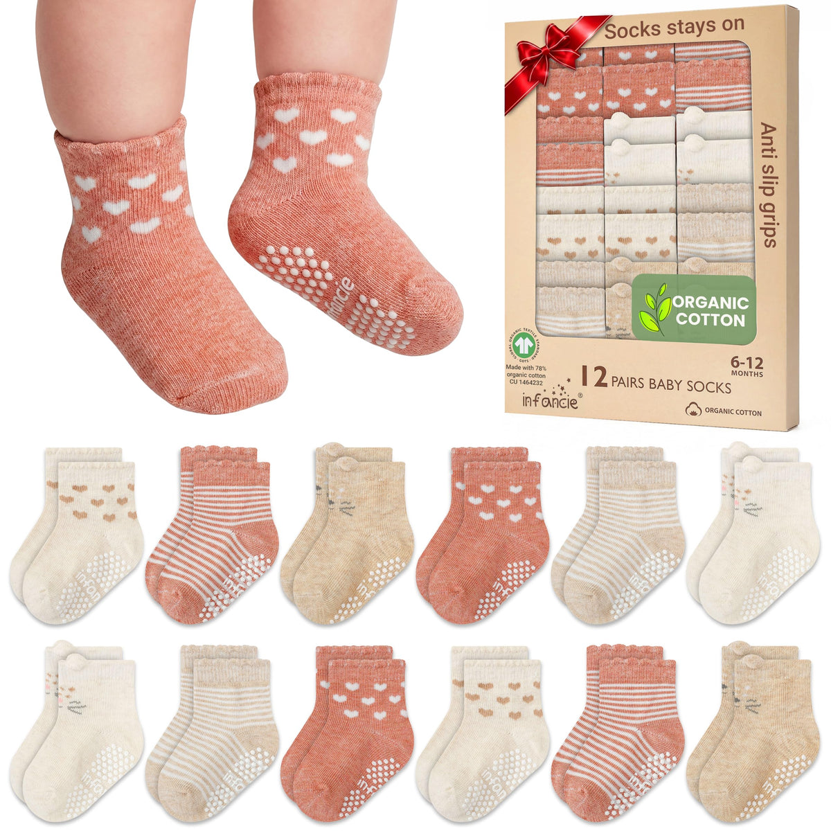 GOTS Organic Cotton Blend 12 Pairs Baby Newborn Socks 0-6 M Girl Non Slip