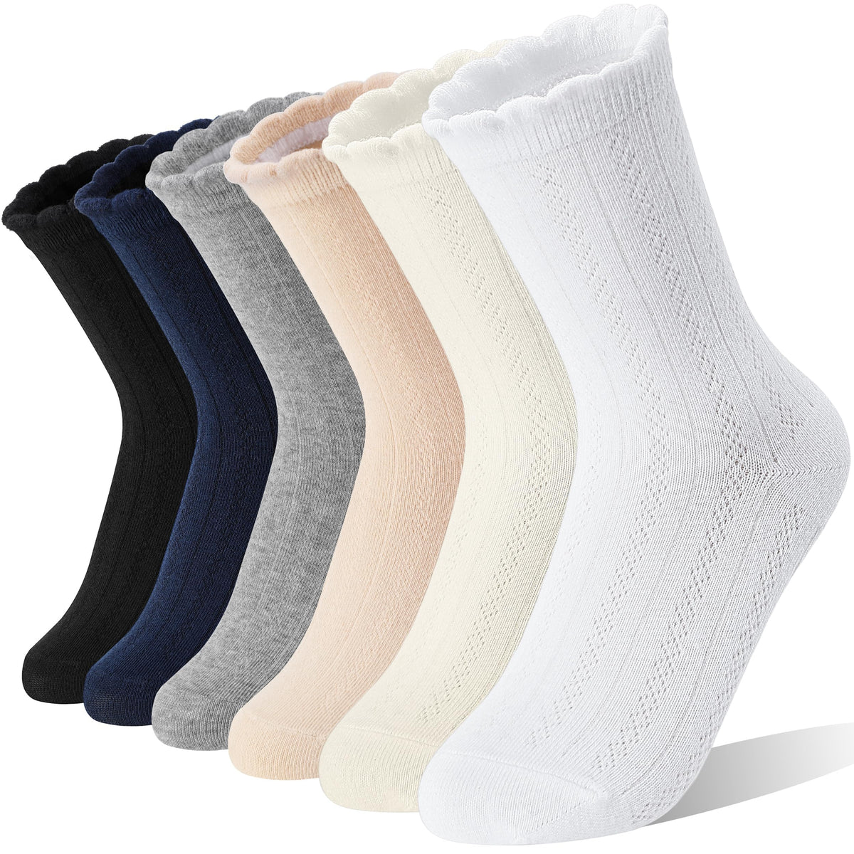EBMORE Girls Kids Ruffle Socks Uniform School Dress Crew Cotton Textured Breathable Socks 6 Pairs