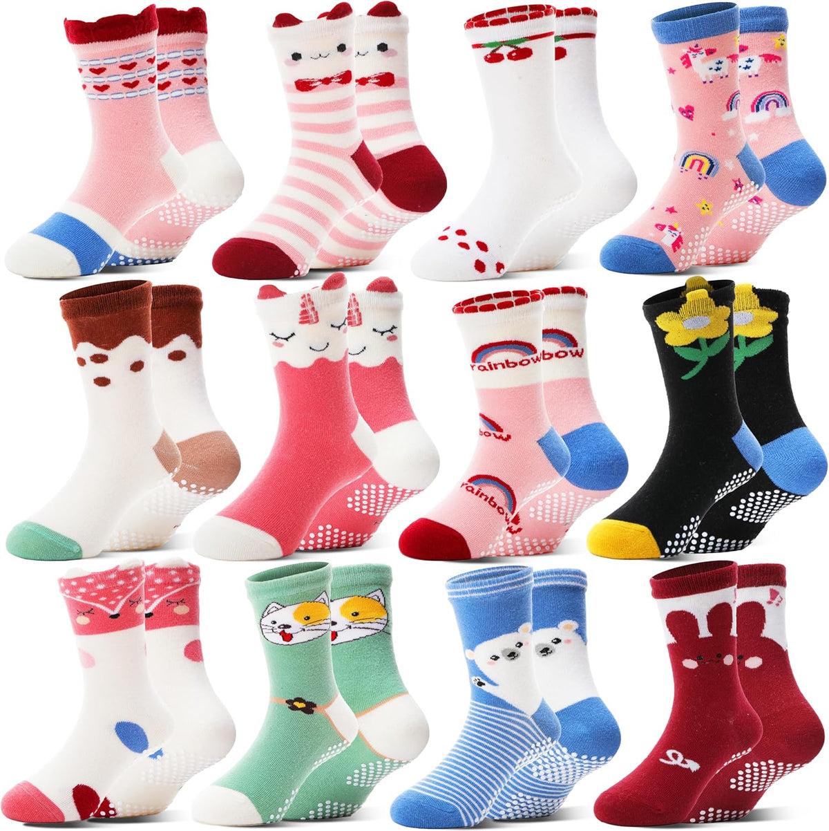 Welwoos Baby Girls Toddlers Grips Socks 12 Pairs Kids Anti Slip Non Skid Animal Funny Cartoon Crew Breathable Cotton Socks
