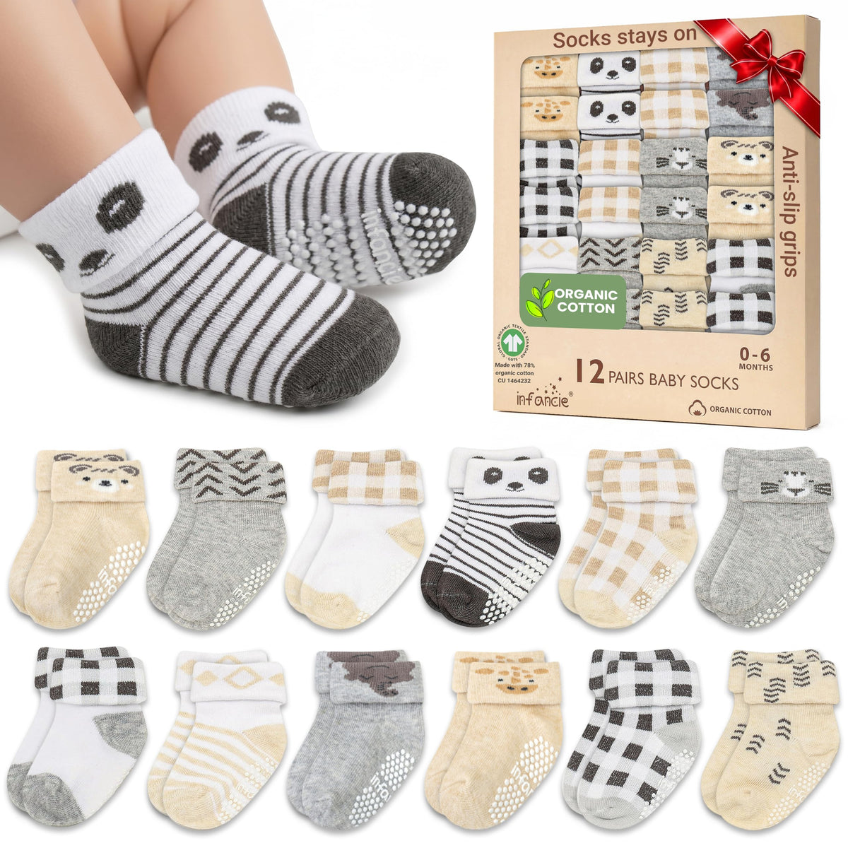 GOTS Organic Cotton Blend 12 Pairs Baby Newborn Socks 0-6 M Girl Non Slip