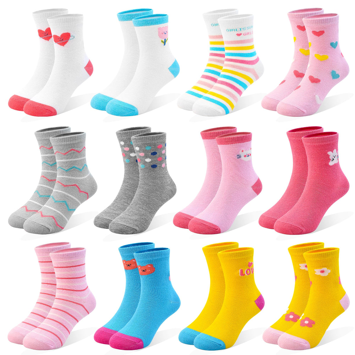 12 Pairs Girls Socks, Novelty Socks for Toddler Girls Aged 1-7