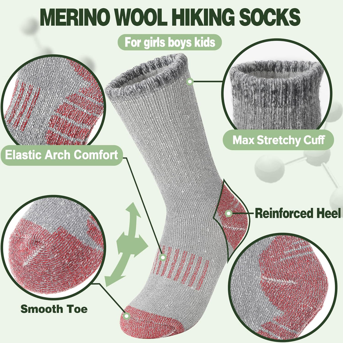 Sandsuced Kids Merino Wool Hiking Socks for Girls Boys Toddler