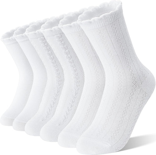 EBMORE Girls Kids Ruffle Socks Uniform School Dress Crew Cotton Textured Breathable Socks 6 Pairs