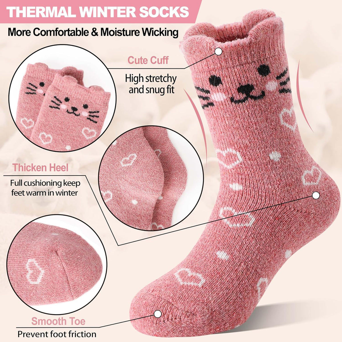 Kids Girls Toddlers Merino Wool Cat Socks Thermal Winter Warm Thick Cozy Cute Funny Crew Socks 6 Pairs