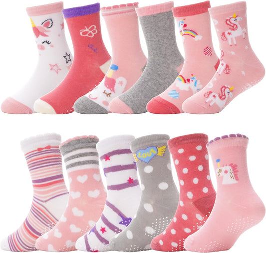 ANTSANG Baby Girls Toddlers Grips Socks, Kids Unicorn Crew Cotton Socks