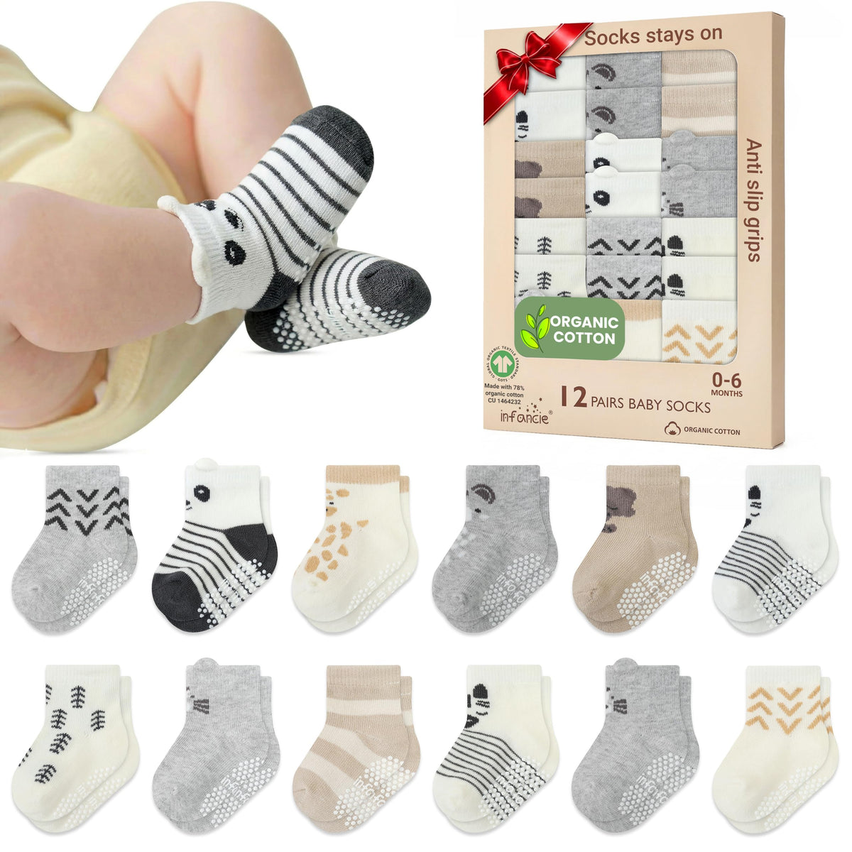 GOTS Organic Cotton Blend 12 Pairs Baby Newborn Socks 0-6 M Girl Non Slip