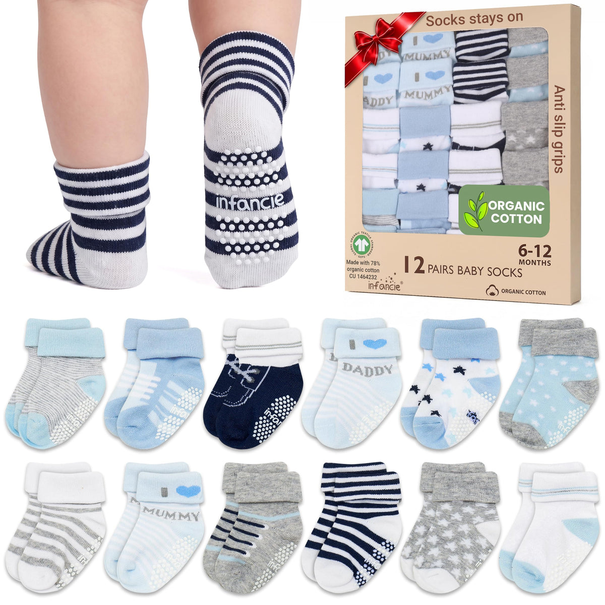 GOTS Organic Cotton Blend 12 Pairs Baby Newborn Socks 0-6 M Girl Non Slip