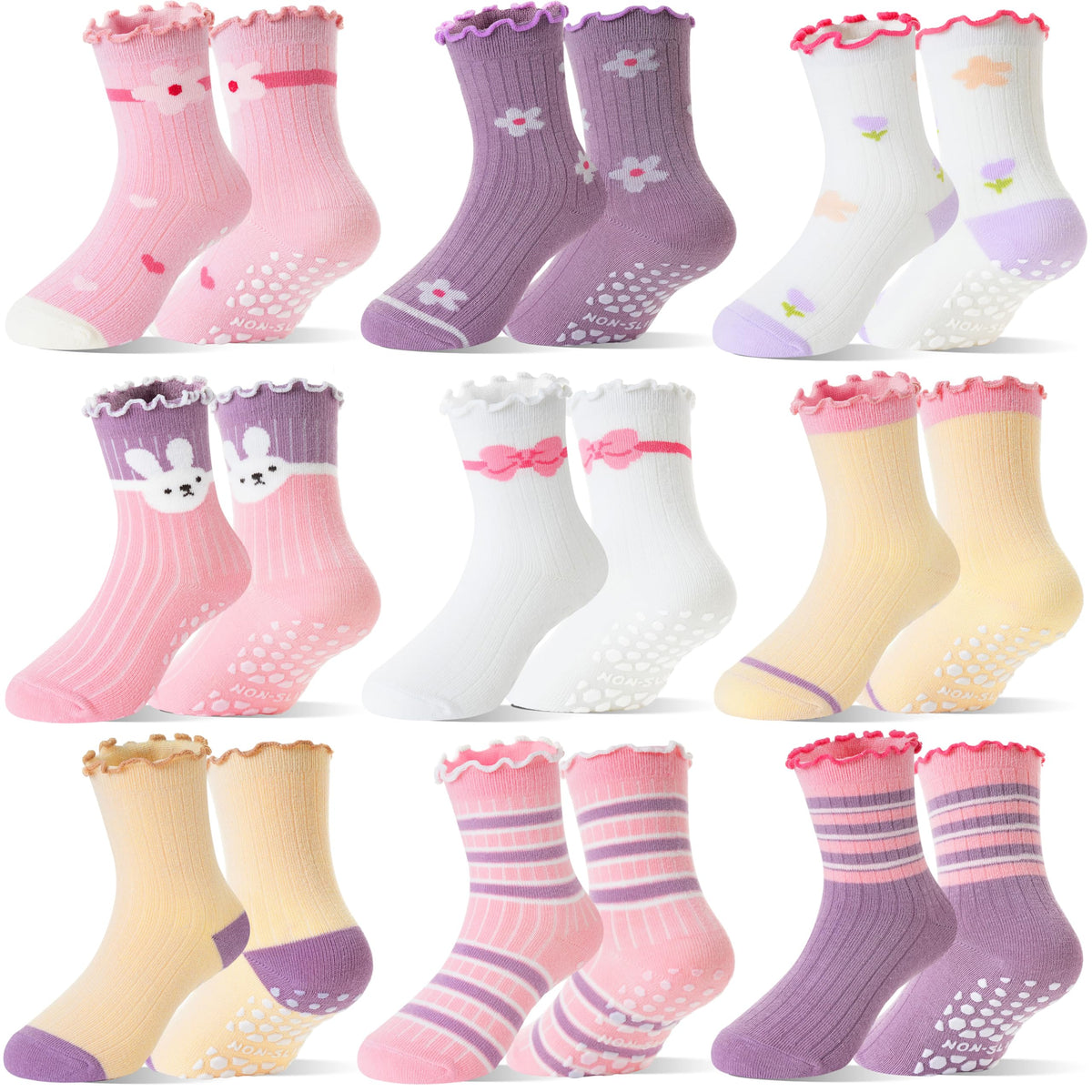 Baby Girls Toddlers Ruffle Grip Socks for Kids Non Slip Anti Skid Frilly Cute Funny Cotton Crew Socks 9 Pairs
