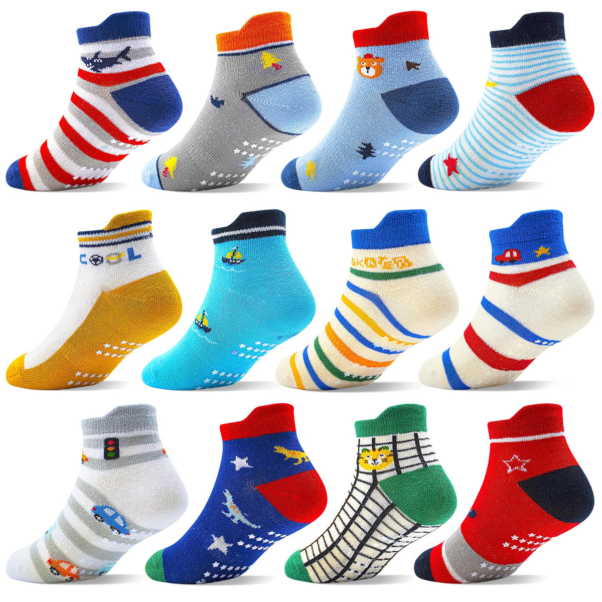 ELUTONG Toddler Socks with Grips Anti Slip Ankle Socks 12 Pairs for 1-7 Years Boys Girls Kids Infant Baby
