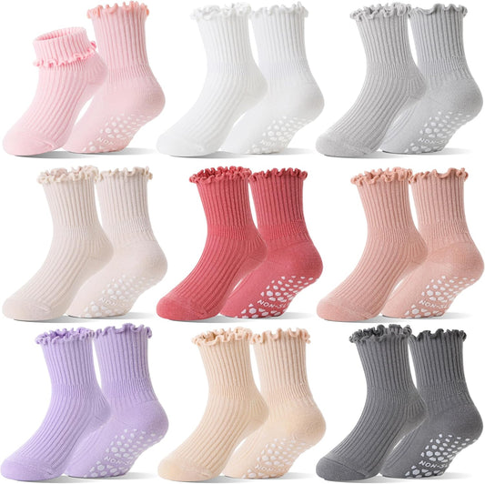 Baby Girls Toddlers Ruffle Grip Socks Uniform School Dress Anti Slip Non Skid Frilly Breathable Crew Cotton Socks 9 Pairs