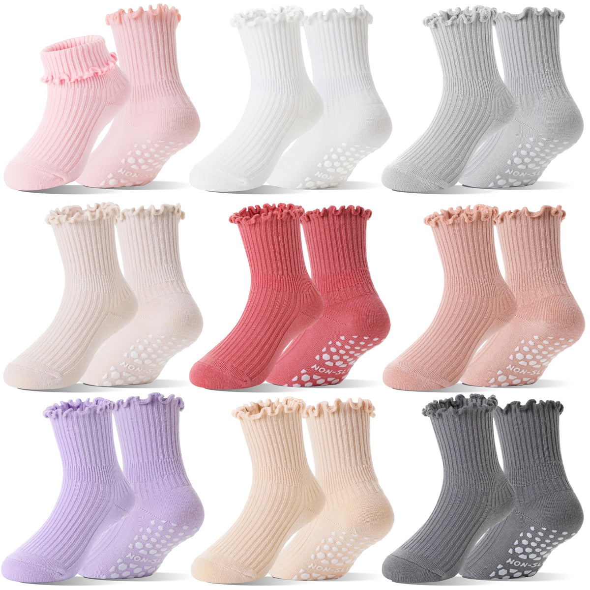 Baby Girls Toddlers Ruffle Grip Socks Uniform School Dress Anti Slip Non Skid Frilly Breathable Crew Cotton Socks 9 Pairs